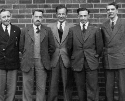 Rev Bernard Jones with 4 students from Hartley Victoria College in the early 1950′s. Bill Davies is the one on the right
